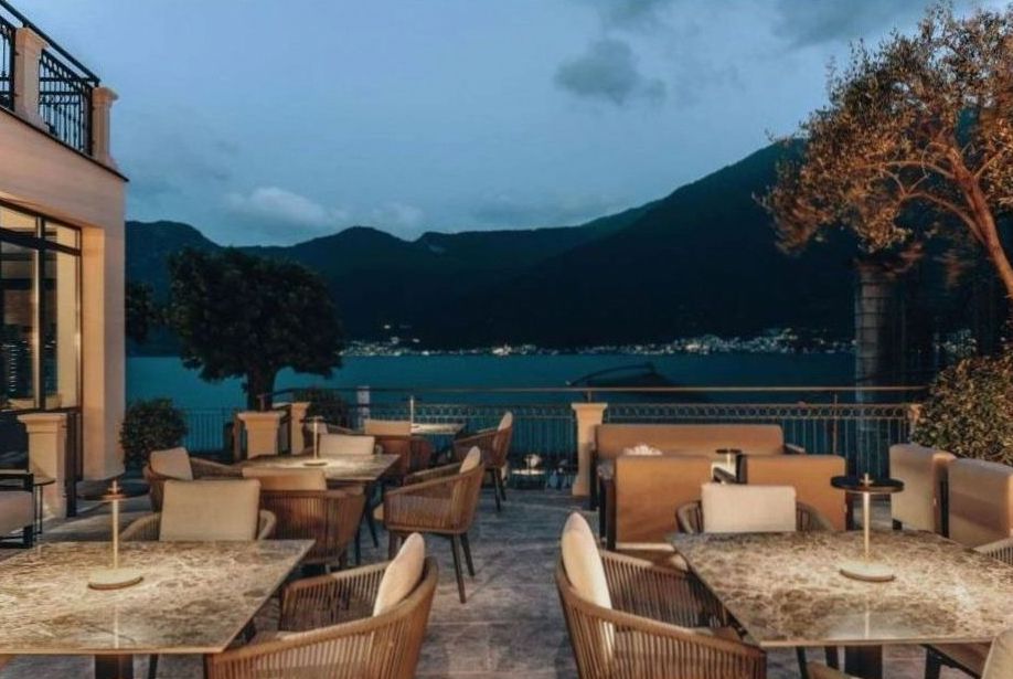 Outdoor dining terrace in the warm evening light